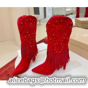 Good Quality Christian Louboutin Santia Fringe Heel Ankle Boots 8.5cm in Suede Red 1030157