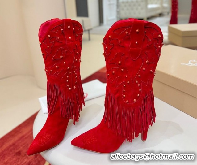 Good Quality Christian Louboutin Santia Fringe Heel Ankle Boots 8.5cm in Suede Red 1030157