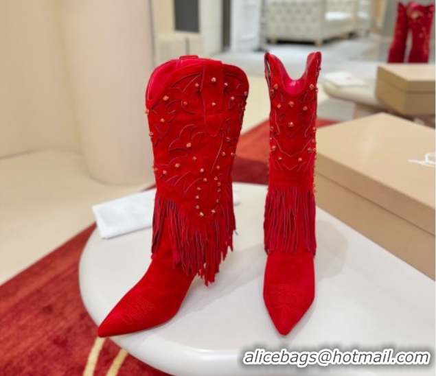 Good Quality Christian Louboutin Santia Fringe Heel Ankle Boots 8.5cm in Suede Red 1030157