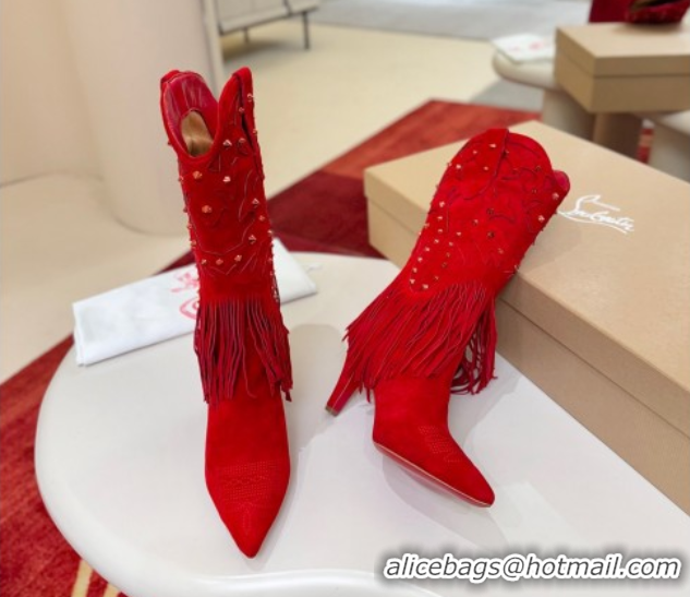Good Quality Christian Louboutin Santia Fringe Heel Ankle Boots 8.5cm in Suede Red 1030157