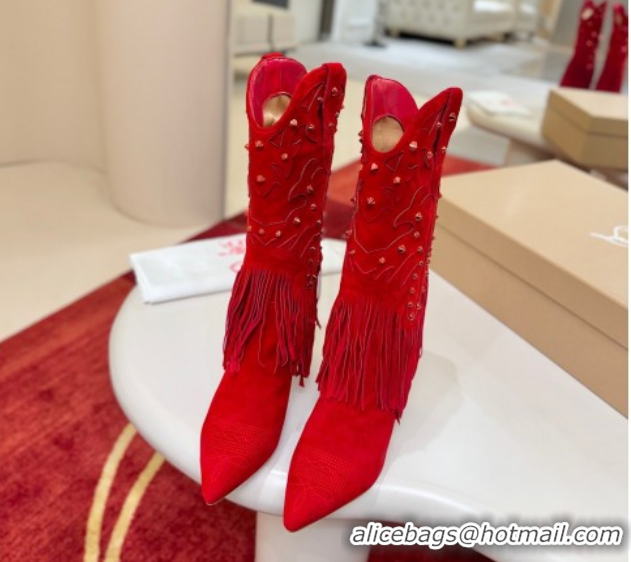 Good Quality Christian Louboutin Santia Fringe Heel Ankle Boots 8.5cm in Suede Red 1030157
