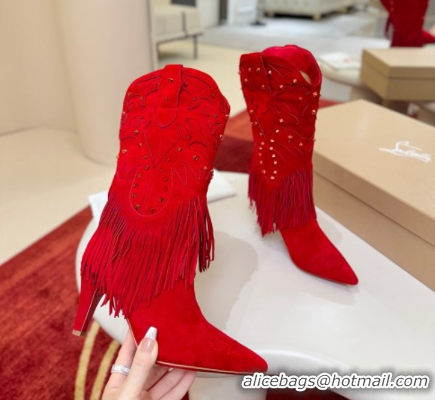Good Quality Christian Louboutin Santia Fringe Heel Ankle Boots 8.5cm in Suede Red 1030157