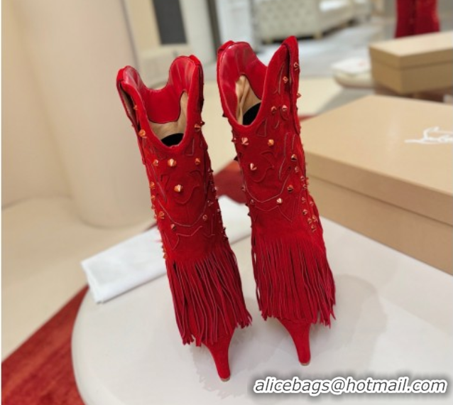 Good Quality Christian Louboutin Santia Fringe Heel Ankle Boots 8.5cm in Suede Red 1030157