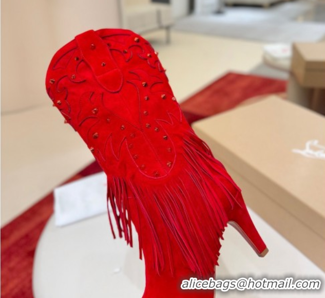 Good Quality Christian Louboutin Santia Fringe Heel Ankle Boots 8.5cm in Suede Red 1030157