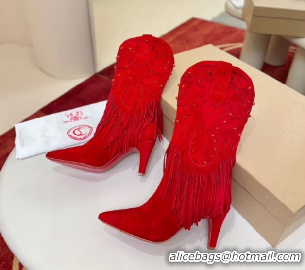 Good Quality Christian Louboutin Santia Fringe Heel Ankle Boots 8.5cm in Suede Red 1030157