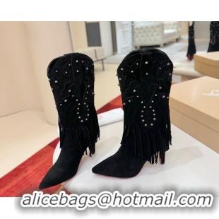 Grade Quality Christian Louboutin Santia Fringe Heel Ankle Boots 8.5cm in Suede Black 1030158
