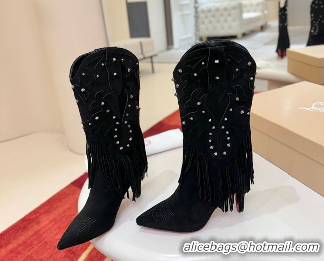 Grade Quality Christian Louboutin Santia Fringe Heel Ankle Boots 8.5cm in Suede Black 1030158