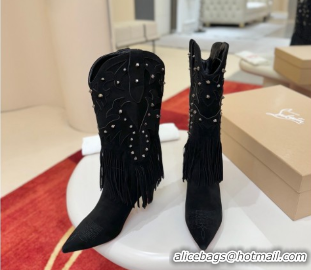 Grade Quality Christian Louboutin Santia Fringe Heel Ankle Boots 8.5cm in Suede Black 1030158