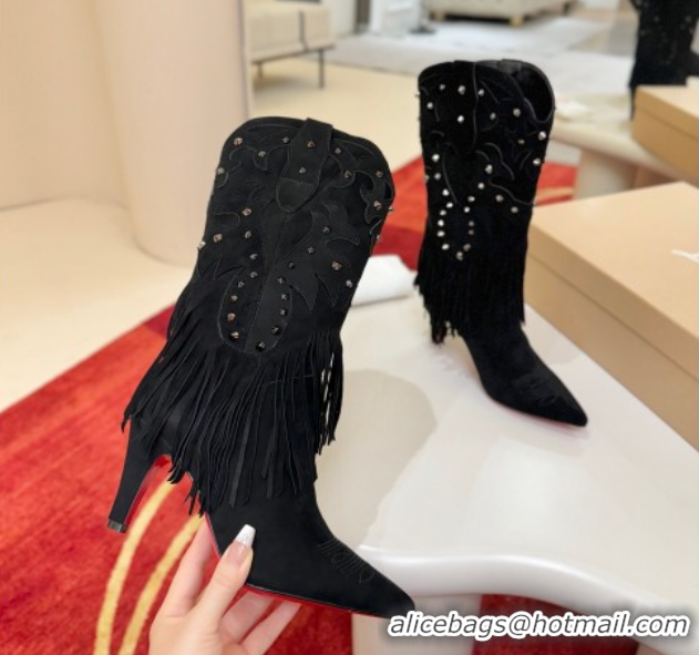 Grade Quality Christian Louboutin Santia Fringe Heel Ankle Boots 8.5cm in Suede Black 1030158