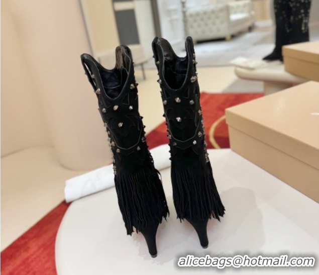 Grade Quality Christian Louboutin Santia Fringe Heel Ankle Boots 8.5cm in Suede Black 1030158