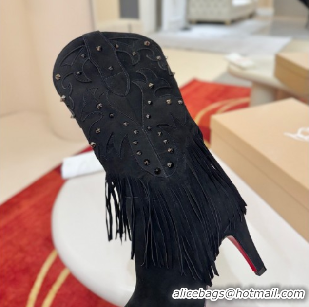 Grade Quality Christian Louboutin Santia Fringe Heel Ankle Boots 8.5cm in Suede Black 1030158