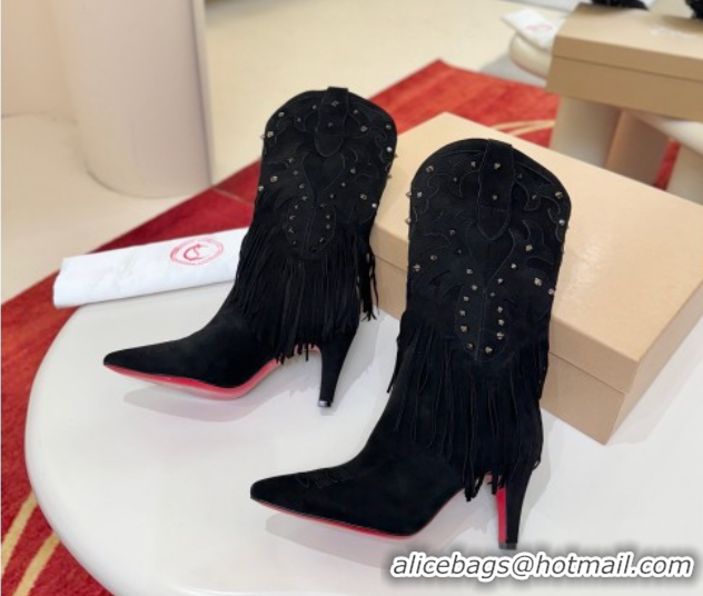 Grade Quality Christian Louboutin Santia Fringe Heel Ankle Boots 8.5cm in Suede Black 1030158