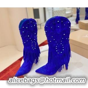 Pretty Style Christian Louboutin Santia Fringe Heel Ankle Boots 8.5cm in Suede Blue 1030159