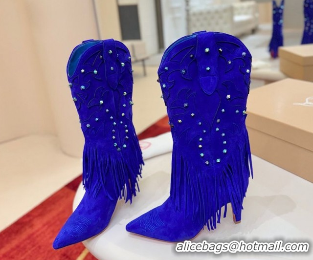 Pretty Style Christian Louboutin Santia Fringe Heel Ankle Boots 8.5cm in Suede Blue 1030159