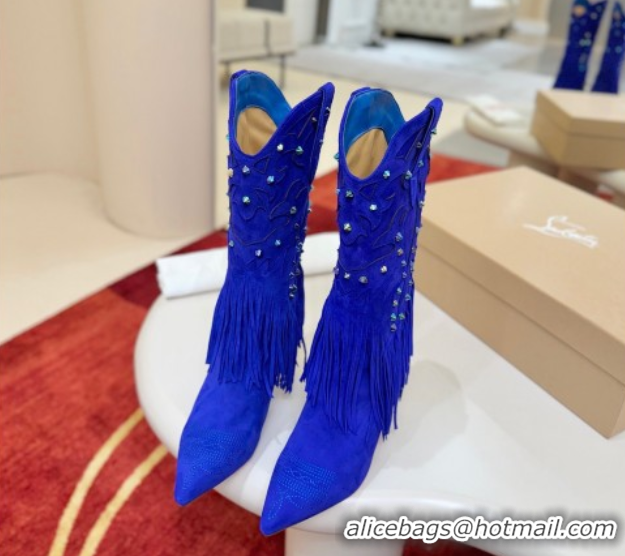 Pretty Style Christian Louboutin Santia Fringe Heel Ankle Boots 8.5cm in Suede Blue 1030159