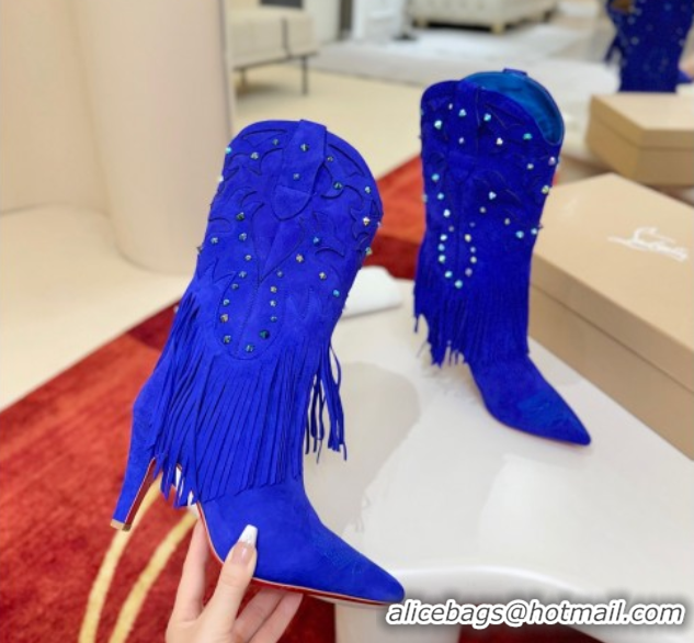 Pretty Style Christian Louboutin Santia Fringe Heel Ankle Boots 8.5cm in Suede Blue 1030159