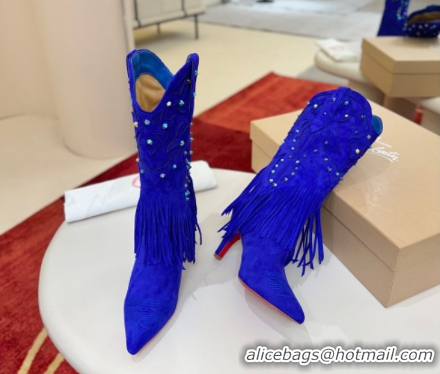Pretty Style Christian Louboutin Santia Fringe Heel Ankle Boots 8.5cm in Suede Blue 1030159