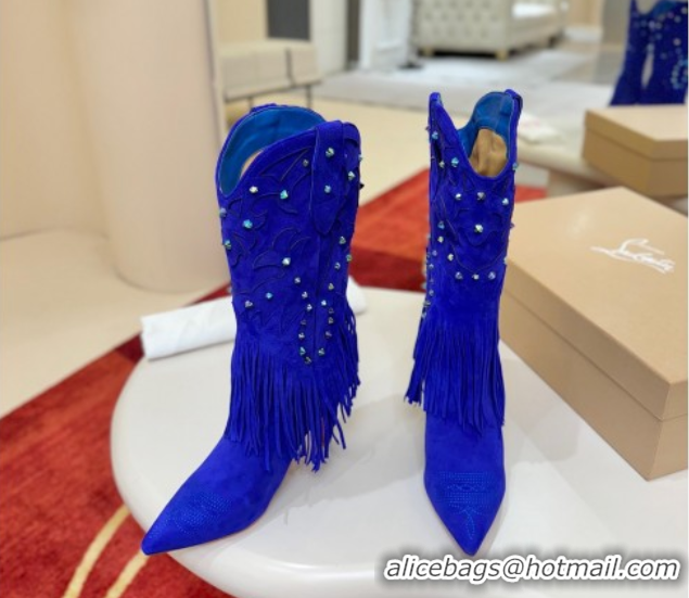 Pretty Style Christian Louboutin Santia Fringe Heel Ankle Boots 8.5cm in Suede Blue 1030159
