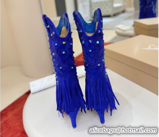 Pretty Style Christian Louboutin Santia Fringe Heel Ankle Boots 8.5cm in Suede Blue 1030159