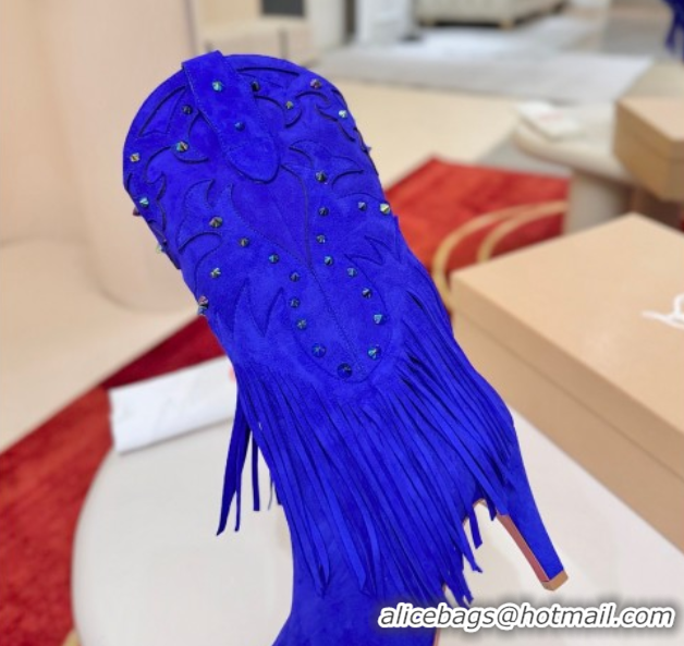 Pretty Style Christian Louboutin Santia Fringe Heel Ankle Boots 8.5cm in Suede Blue 1030159