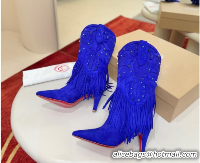 Pretty Style Christian Louboutin Santia Fringe Heel Ankle Boots 8.5cm in Suede Blue 1030159