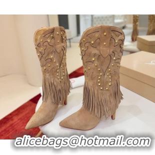 Best Grade Christian Louboutin Santia Fringe Heel Ankle Boots 8.5cm in Suede Beige 1030160