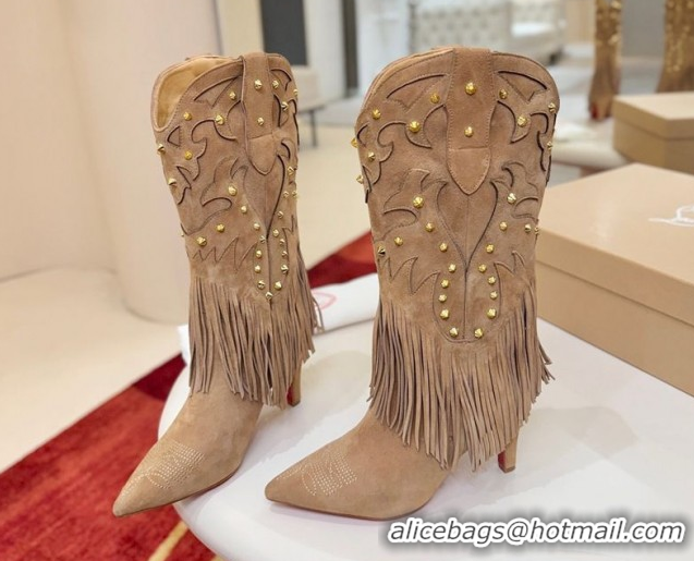Best Grade Christian Louboutin Santia Fringe Heel Ankle Boots 8.5cm in Suede Beige 1030160
