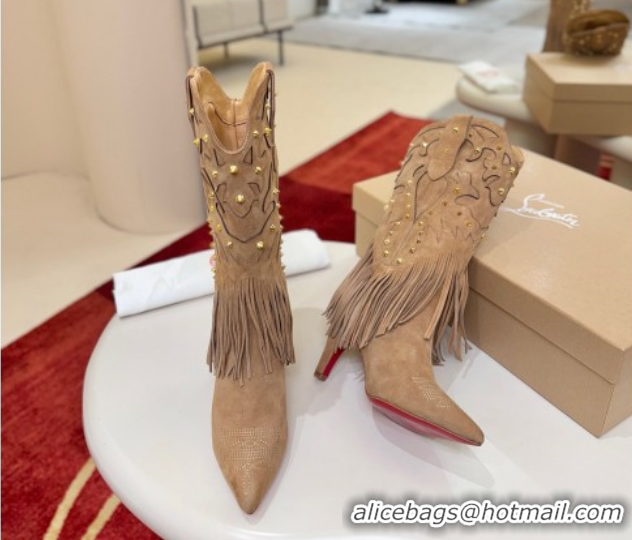 Best Grade Christian Louboutin Santia Fringe Heel Ankle Boots 8.5cm in Suede Beige 1030160