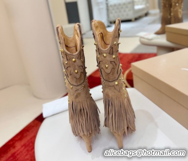 Best Grade Christian Louboutin Santia Fringe Heel Ankle Boots 8.5cm in Suede Beige 1030160