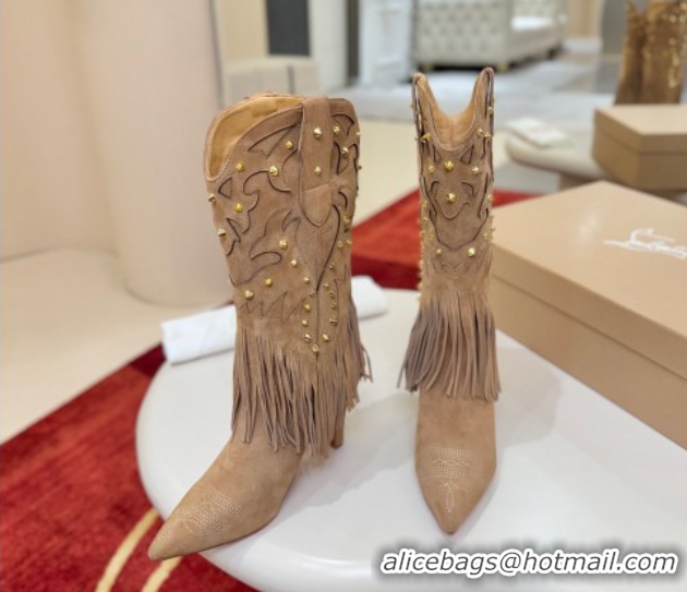 Best Grade Christian Louboutin Santia Fringe Heel Ankle Boots 8.5cm in Suede Beige 1030160