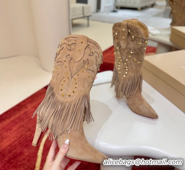 Best Grade Christian Louboutin Santia Fringe Heel Ankle Boots 8.5cm in Suede Beige 1030160