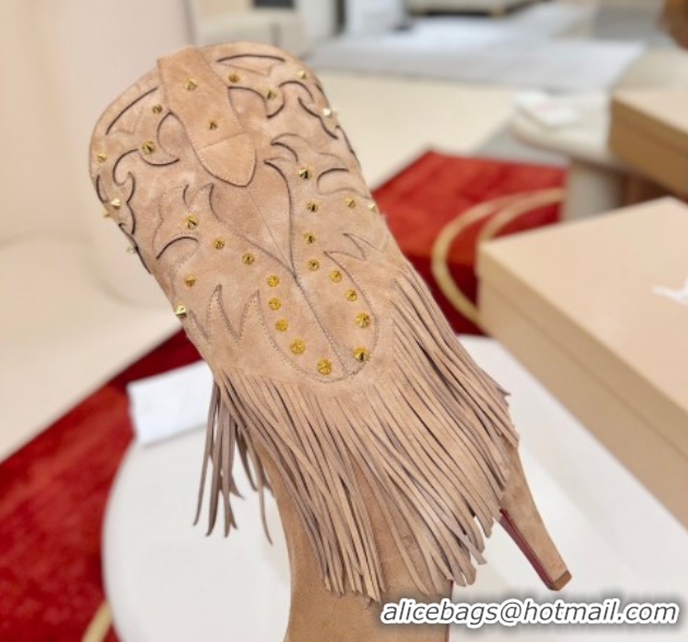 Best Grade Christian Louboutin Santia Fringe Heel Ankle Boots 8.5cm in Suede Beige 1030160
