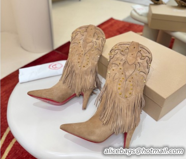 Best Grade Christian Louboutin Santia Fringe Heel Ankle Boots 8.5cm in Suede Beige 1030160