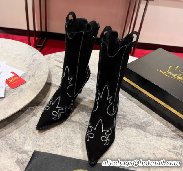 Top Design Christian Louboutin Santiabotta Strass Heel Ankle Boots 8.5cm in Suede Black 1030175