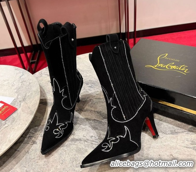 Top Design Christian Louboutin Santiabotta Strass Heel Ankle Boots 8.5cm in Suede Black 1030175