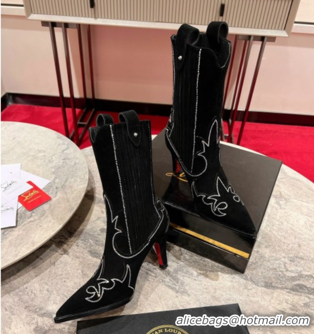 Top Design Christian Louboutin Santiabotta Strass Heel Ankle Boots 8.5cm in Suede Black 1030175