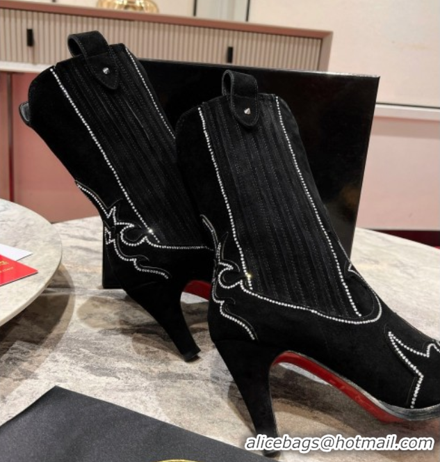 Top Design Christian Louboutin Santiabotta Strass Heel Ankle Boots 8.5cm in Suede Black 1030175