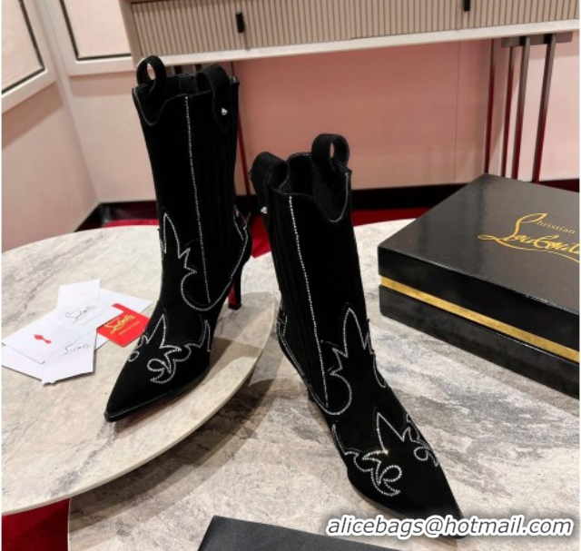 Top Design Christian Louboutin Santiabotta Strass Heel Ankle Boots 8.5cm in Suede Black 1030175