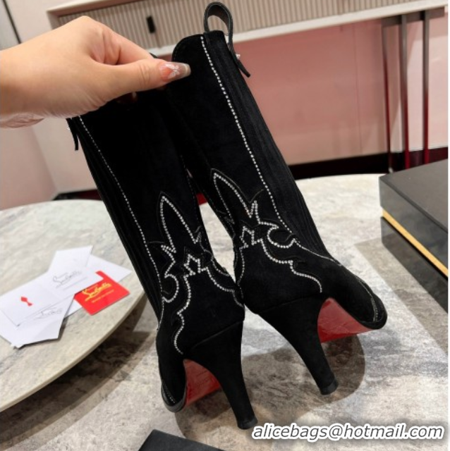 Top Design Christian Louboutin Santiabotta Strass Heel Ankle Boots 8.5cm in Suede Black 1030175
