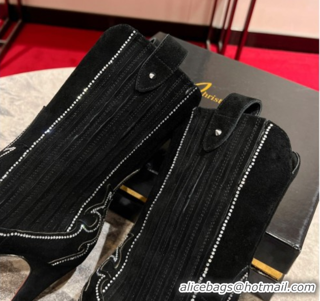 Top Design Christian Louboutin Santiabotta Strass Heel Ankle Boots 8.5cm in Suede Black 1030175