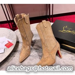 Affordable Price Christian Louboutin Santiabotta Strass Heel Ankle Boots 8.5cm in Suede Beige 1030176