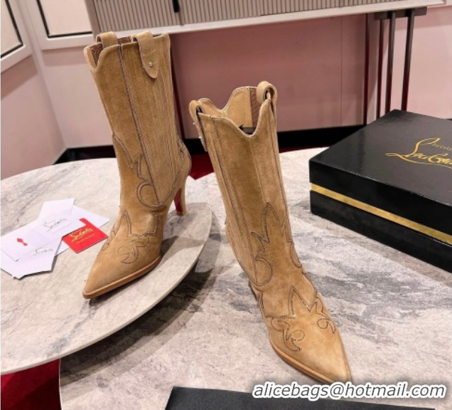 Affordable Price Christian Louboutin Santiabotta Strass Heel Ankle Boots 8.5cm in Suede Beige 1030176