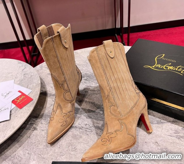 Affordable Price Christian Louboutin Santiabotta Strass Heel Ankle Boots 8.5cm in Suede Beige 1030176