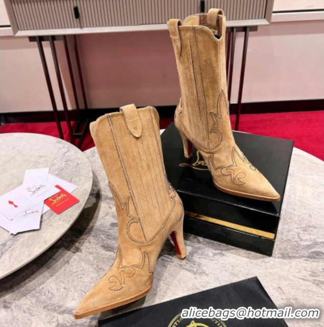 Affordable Price Christian Louboutin Santiabotta Strass Heel Ankle Boots 8.5cm in Suede Beige 1030176