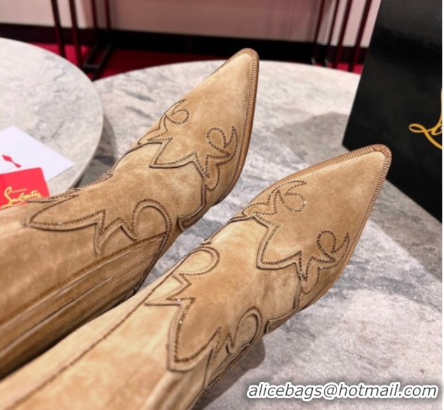 Affordable Price Christian Louboutin Santiabotta Strass Heel Ankle Boots 8.5cm in Suede Beige 1030176