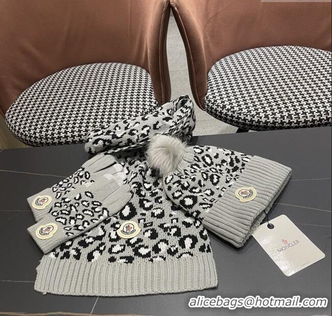 Luxury Cheap Moncler Wool Hat & Gloves & Scarf M103028 Light Grey 2025