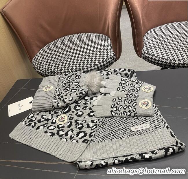 Luxury Cheap Moncler Wool Hat & Gloves & Scarf M103028 Light Grey 2025