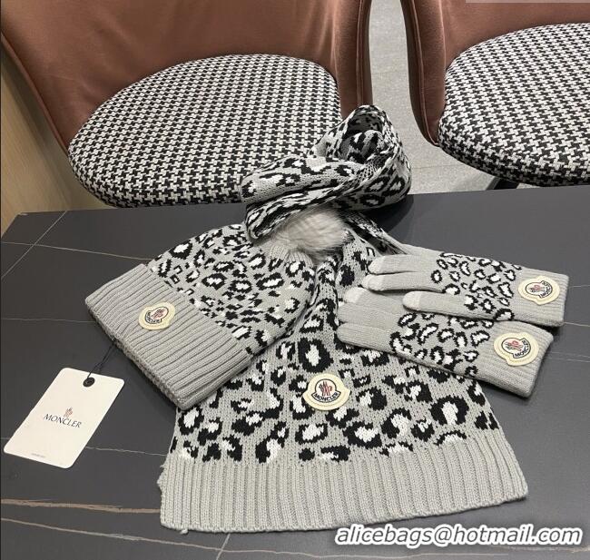 Luxury Cheap Moncler Wool Hat & Gloves & Scarf M103028 Light Grey 2025