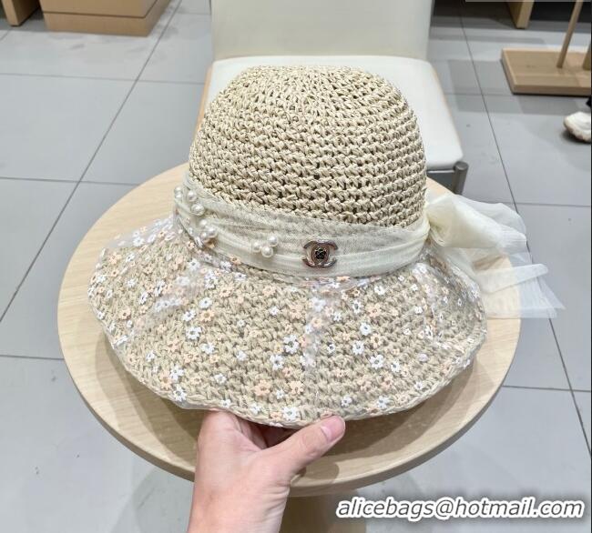Top Design Chanel Straw Bucket Hat with Mesh CH111102 Beige 2025