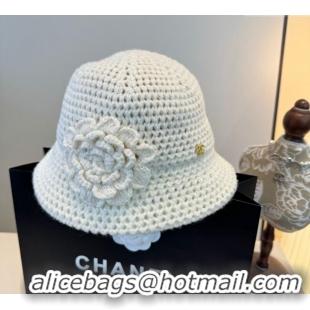 Shop Discount Chanel Knit Bucket Hat with Camellia Bloom CH111101 White 2025